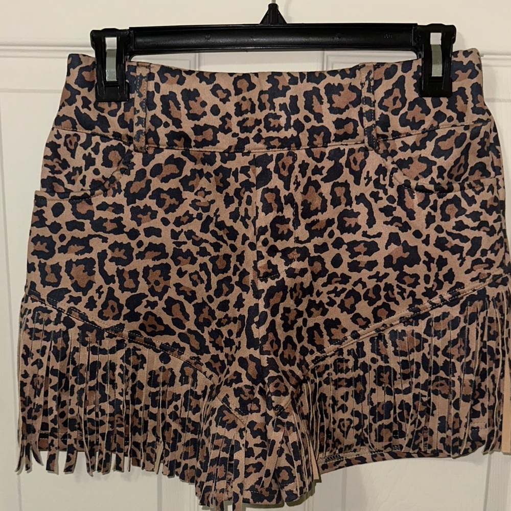 Crazy Train Size Large Suede Leopard Print Fringe Elastic Waist Shorts